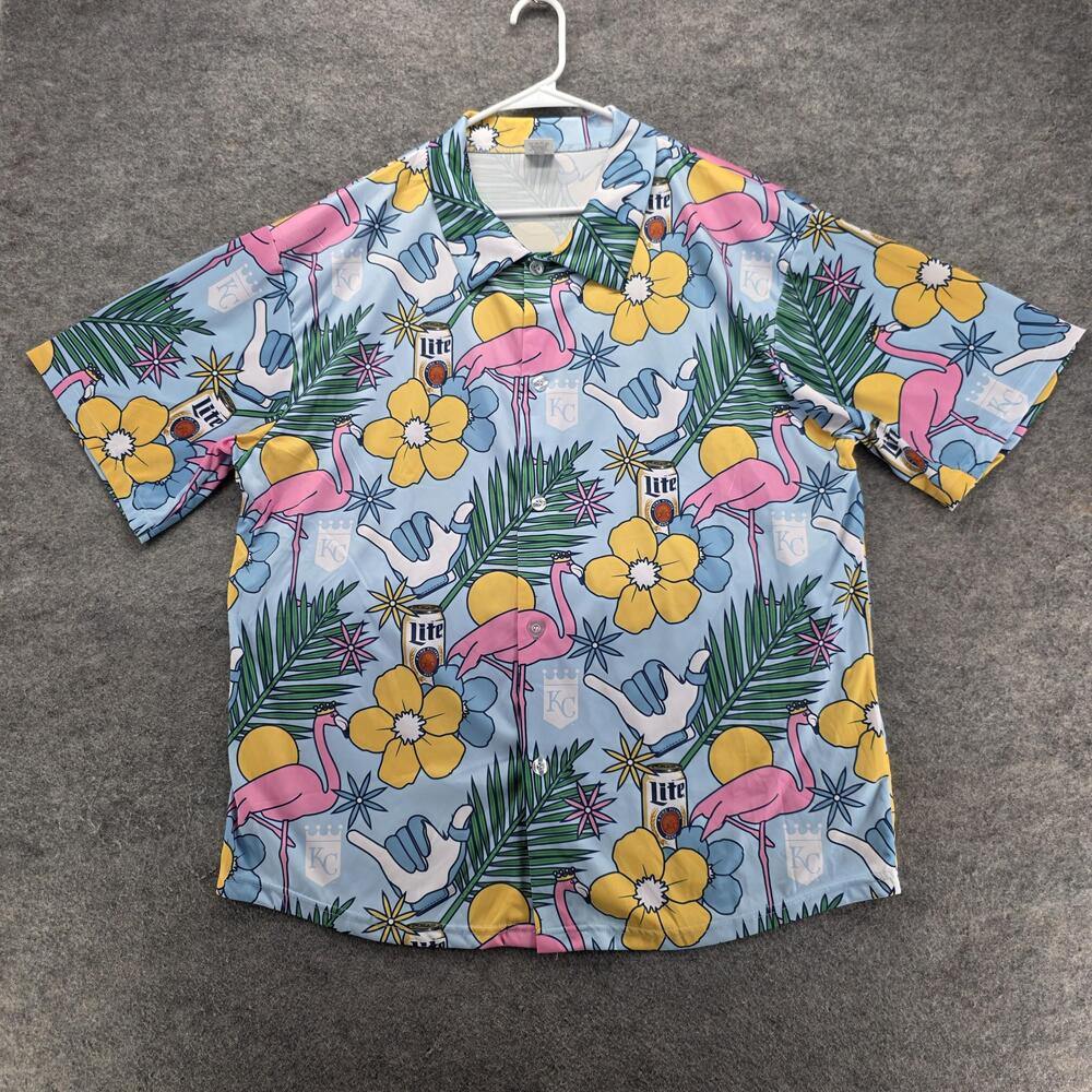 KC Kansas City Royals Shirt Mens XL Blue Floral Short Sleeve Button Up Tropical
